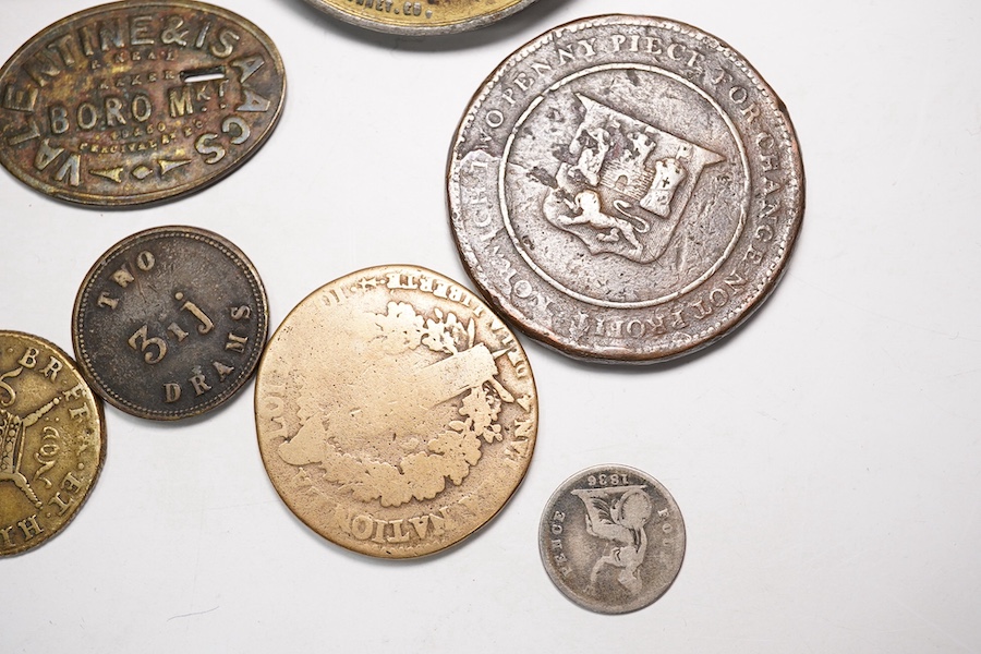 British coins and commemorative medals, a group, including James II Irish gun money shilling, Nov. 1689, good fine, a Foudroyant. Lord Nelson’s flagship commemorative medal, 1897, struck from copper of vessel after break